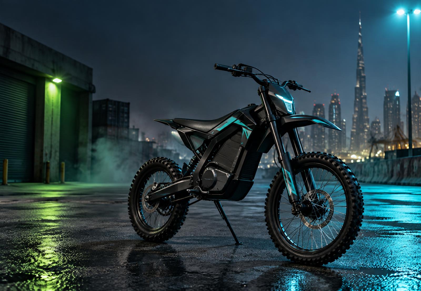 Custom-styled electric dirt bike in a Dubai street setting